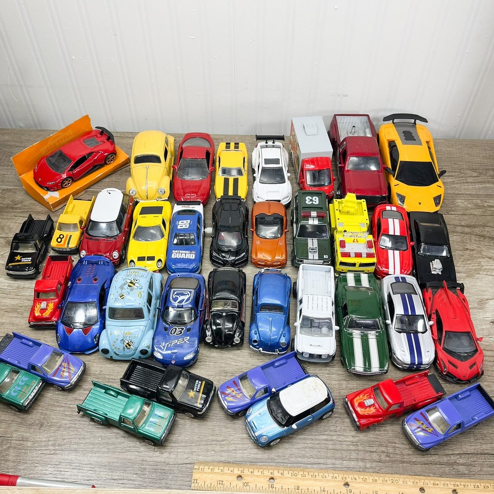 Mixed Diecast Toy Car Lot 37pc VW Beetle Lamborghini Mustang Trucks Racing